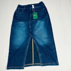Halara Womens Denim Midi Skirt Dark Wash Front Slit High Waisted Blue Size S NEW
